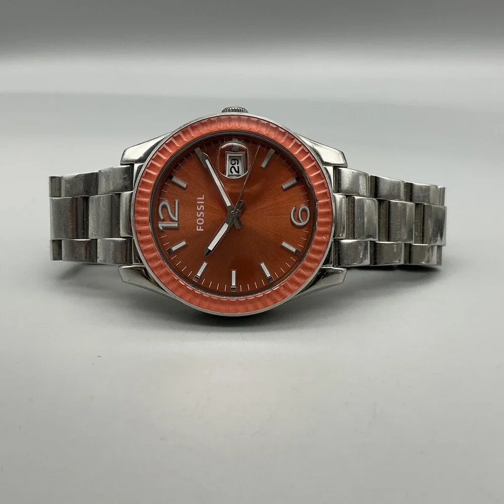 Fossil 2515 Mens Watch 39mm Orange Dial Silver Tone Date New Battery 6.75